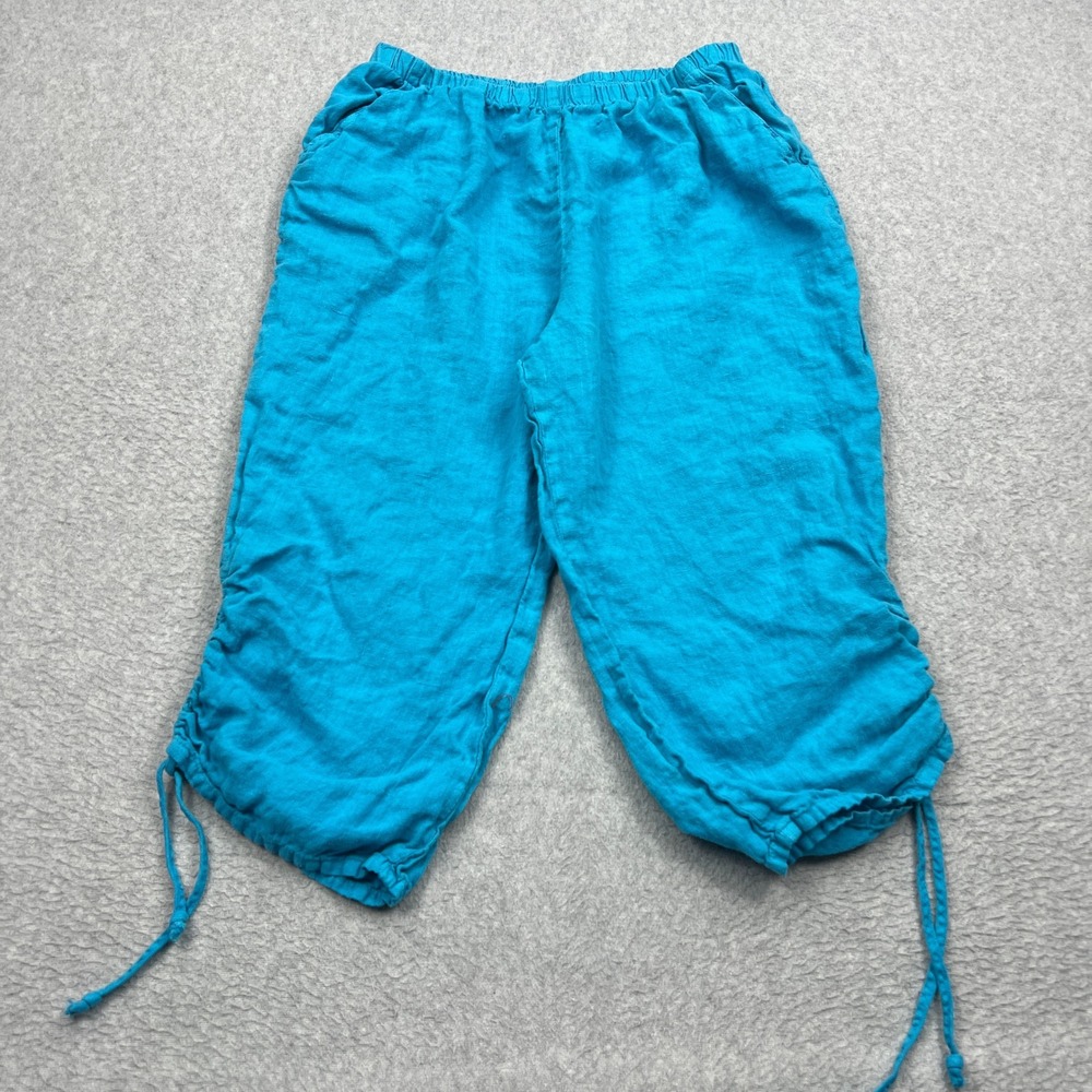 Match Point Pants Womens Medium Blue 100% Linen Ruched Cinch Stretch Capri Ocean